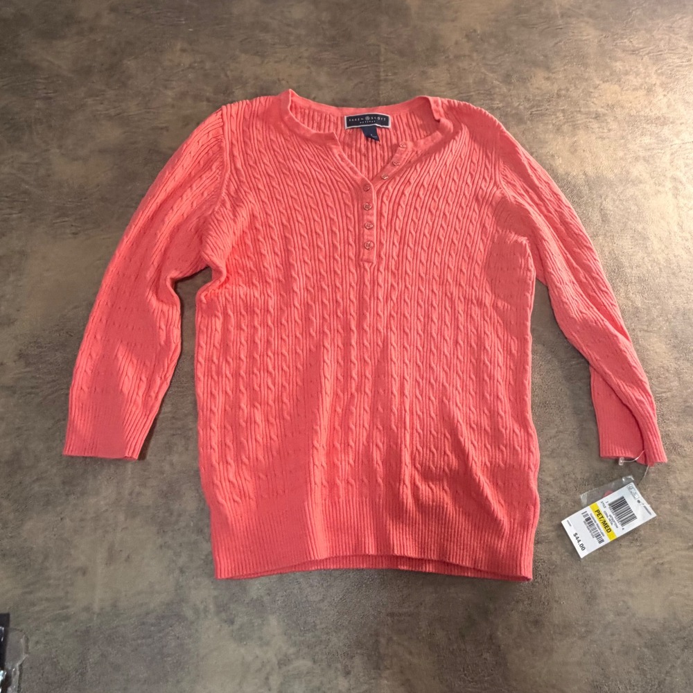 Karen Scott Sweater Petites Medium Coral Petal Cable Knit Henley 4578CPT244